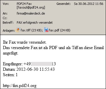 Protokoll über Faxversand per Email