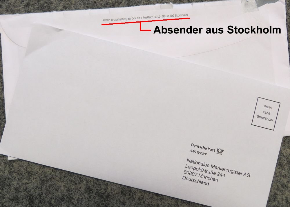 Betrugsversuch Nationales Markenregister AG - Kuvert