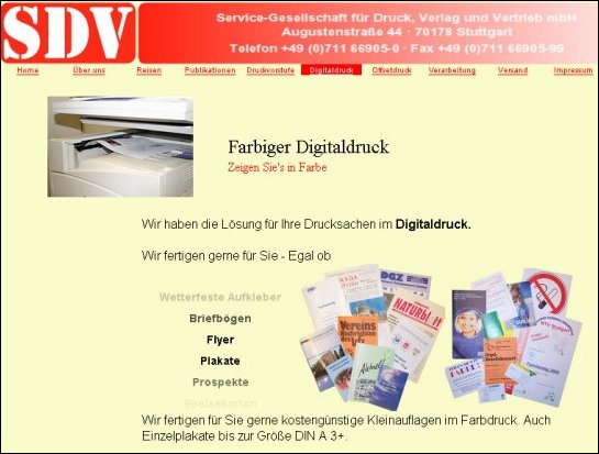 Darstellung der Leistungen des SDV Verlag und Druckerei im Internet