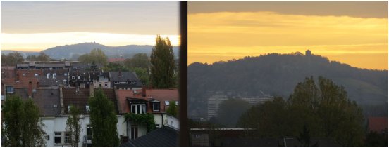 Morgendlicher Blick aus dem Hotelfenster, auf den Karlsruher Hausberg "Turmberg"